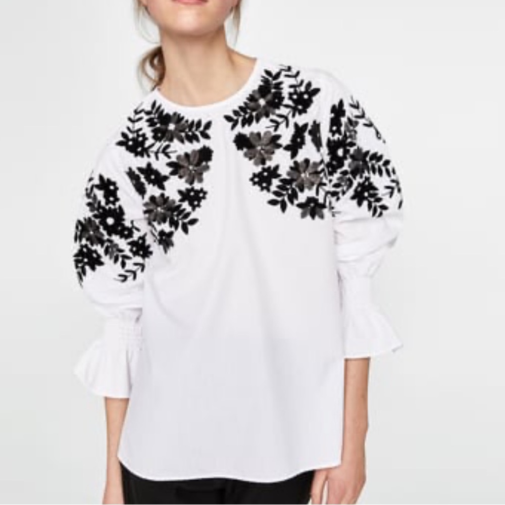 NWT ZARA WHITE POPLIN EMBELLISHED FLORAL LONG SLEEVE BLOUSE TOP XS